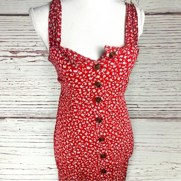 Joyous Red Floral Button Front Midi Dress – Smocked Back – Size M - Picture 5 of 8
